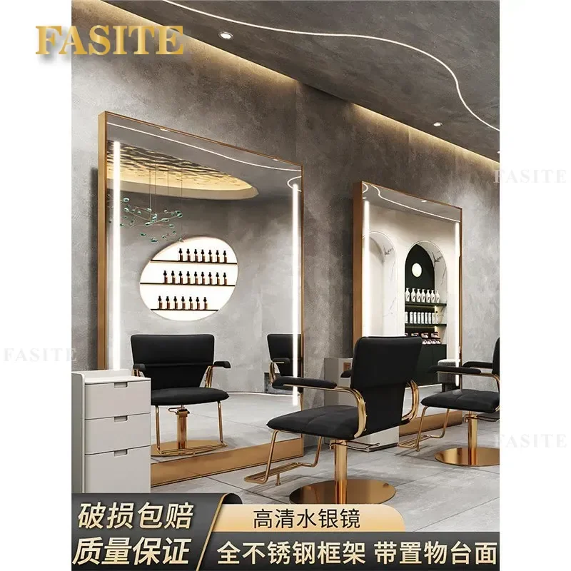 For Barber Shop Wall Mirror with Lamp Hairdressing Floor Standing Mirror with Cabinet Single Double Sided Perm Dye