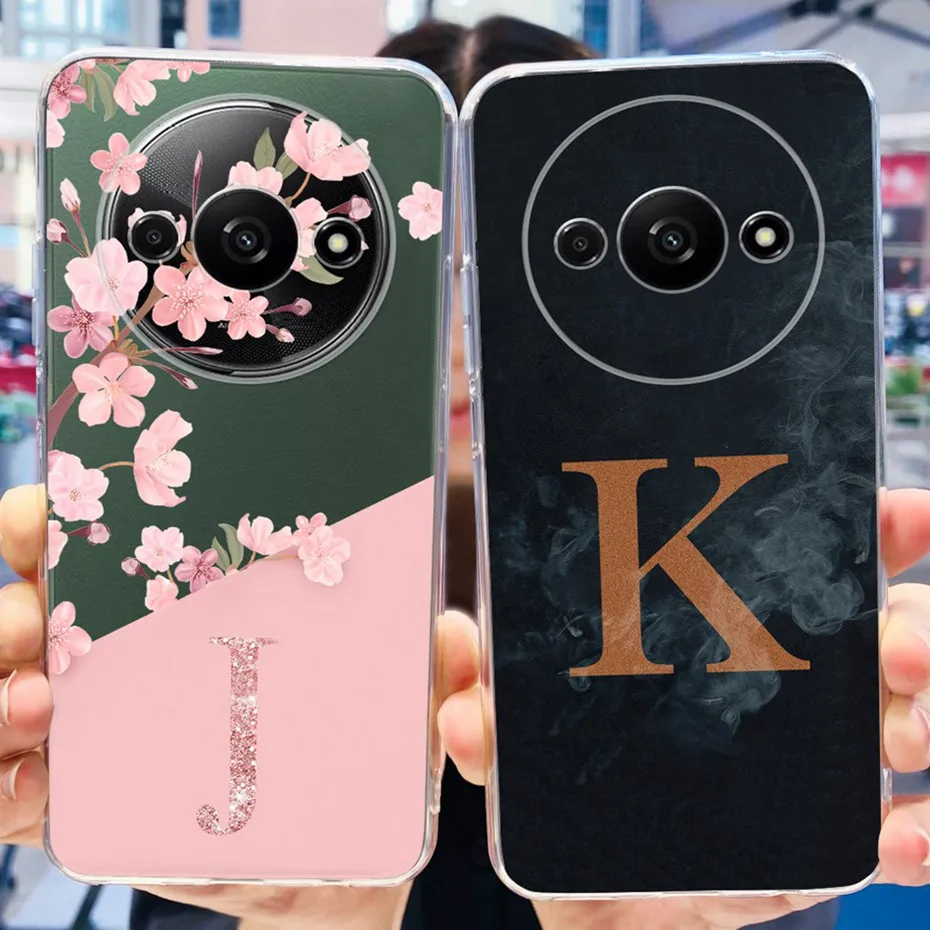 Case For Xiaomi Redmi A3 2024 Cute Flower Initial Letter Soft Silicone TPU Clear Phone Cases For RedmiA3 A 3 4G 6.71