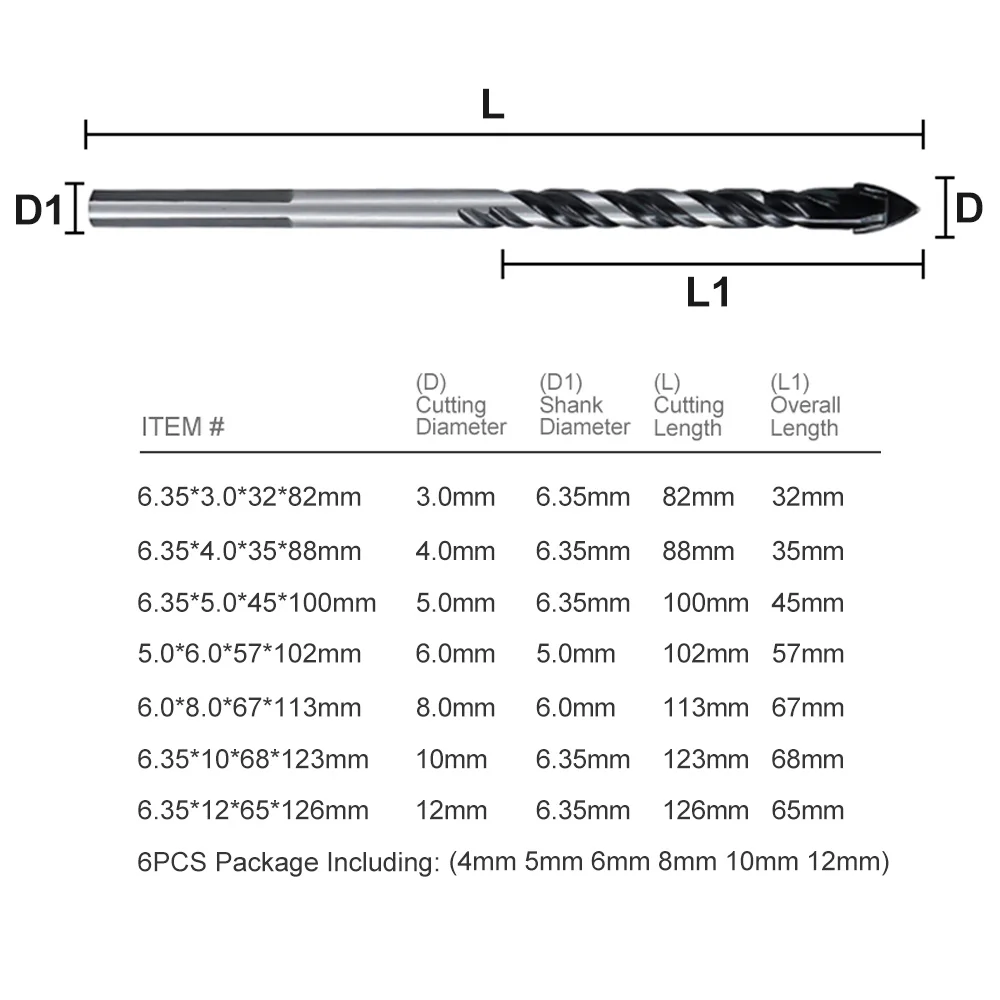 HAMPTON Bohrer 3–12 mm Glasbohrer Hartmetall Dreieck Lochschneider für Keramik Glas Fliesen Beton Ziegel Bohrwerkzeuge – Detail 4