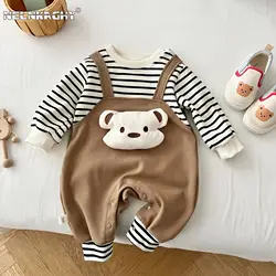 2024 Spring Autumn Kids Newborn Boys Romper - Infant Baby Striped Fake Two Pieces 3D Bear Jumpsuits 0-24M