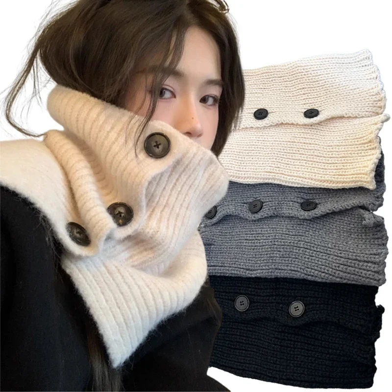 Ins Korean Buttons Scarf Women Winter Warm Edition Cold Proof Neck Protection Knit Wraps Multifunctional Neckerchief Solid Scarf