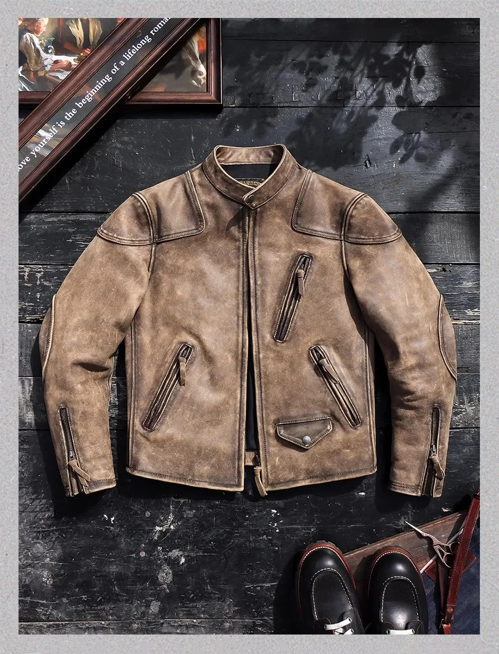 Shop Top.Luxury Vintage style Tough guy leather jacket.Rider 1.4mm natural uncoat coat.Plus size cowhide wear.