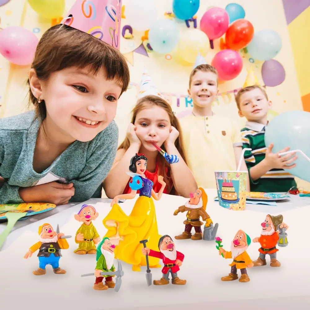 تماثيل صغيرة على شكل سنو وايت والأقزام السبعة - مجموعة مكونة من 8 قطع من تماثيل الأميرة مع جميع الأقزام السبعة - قطعة علوية لكعكة الأميرة مثالية لـ