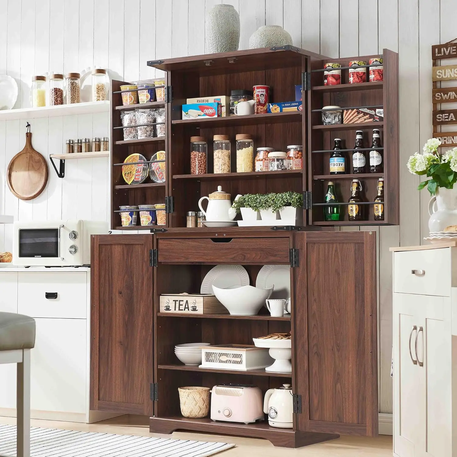 72 inch high kitchen pantry, farmhouse storage cabinet with barn door, organizer, drawers and adjustable shelves, brown