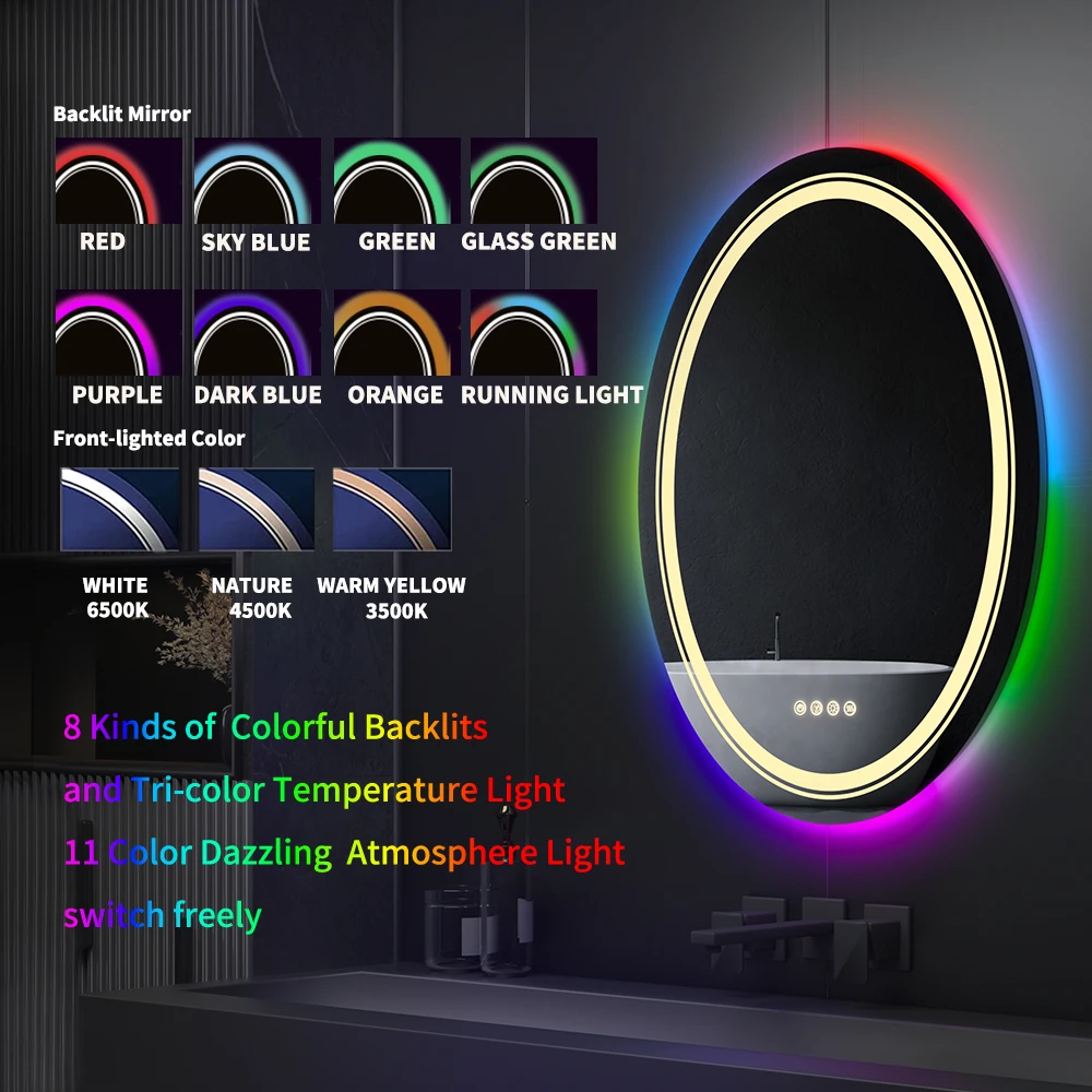 Imagem -04 - Luvodi Rgb Espelho do Banheiro com Luz Inteligente Oval Led Dimmable Anti-nevoeiro Espelho do Chuveiro com Tela de Toque