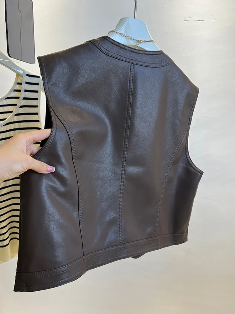 

Женский жилет из искусственной кожи, модная корейская майка без рукавов, верхняя одежда, круглый цвет на пуговицах