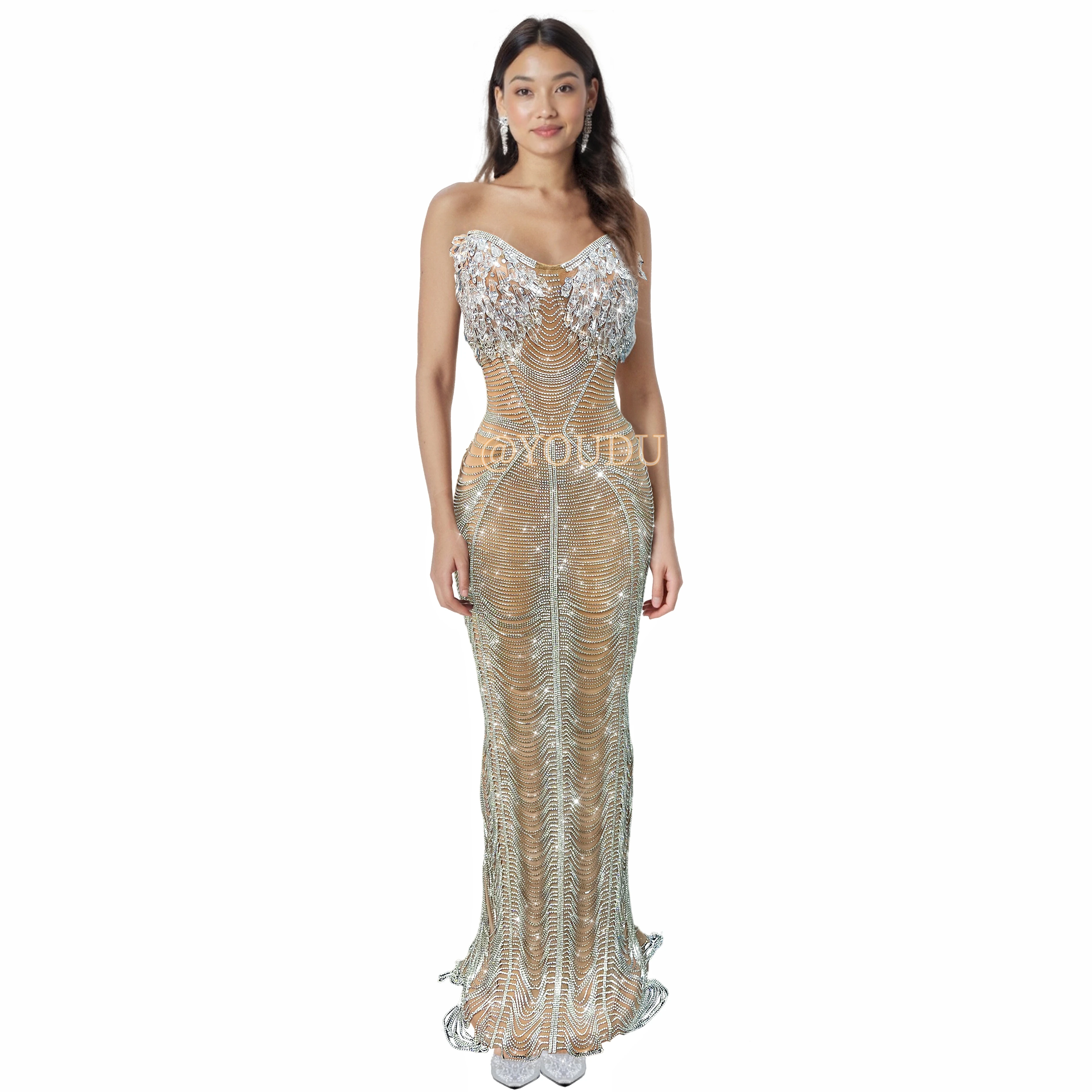 

High Quality Heavy Twinkling Pendants Crystals chains Sexy Mesh Tube Dress Women Evening Red carpet Show Elegant Outfit Ailisi