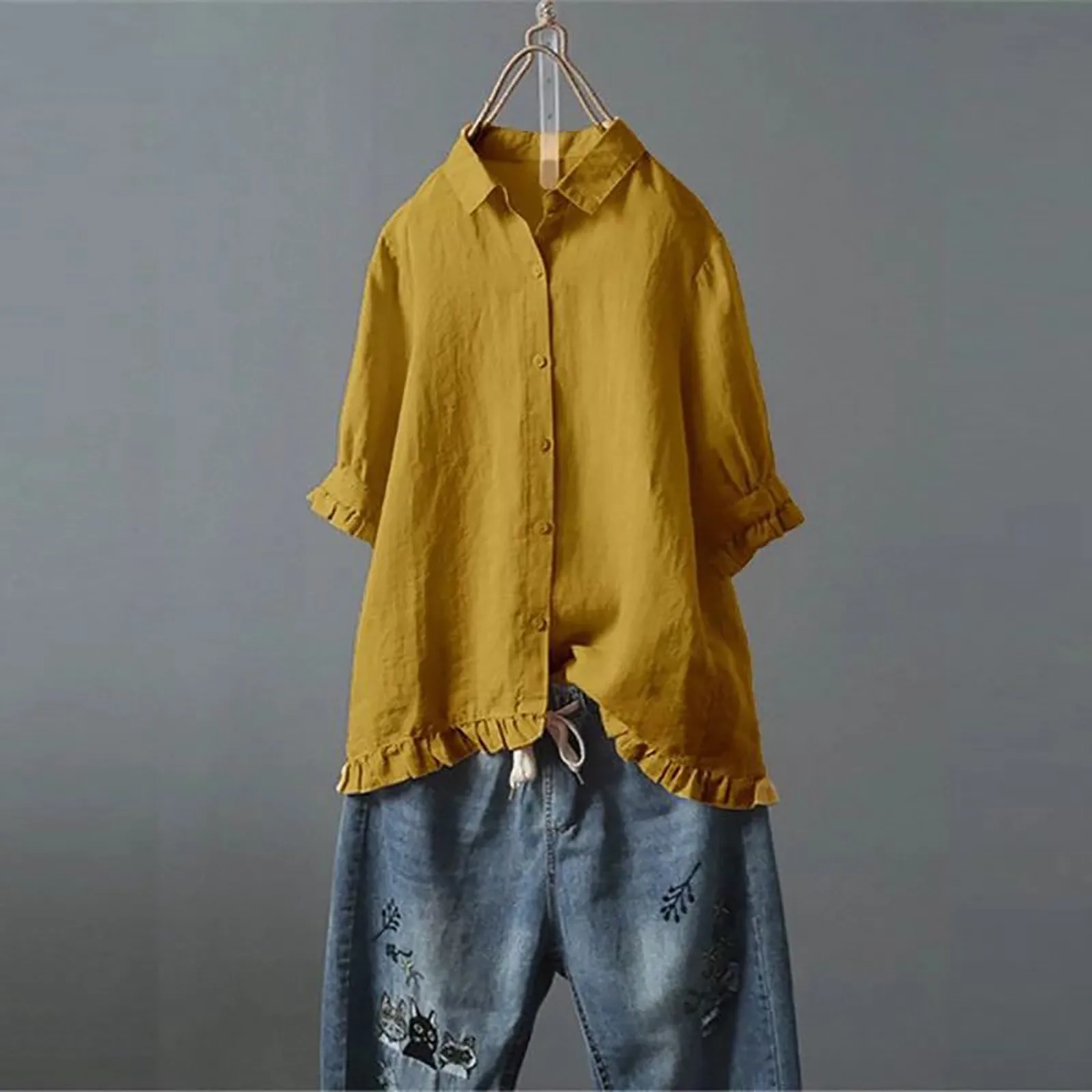 Women\'s Shirt 2024 Summer Fashion Ruffle Hem Cotton Linen Shirt Tops Solid Color Casual Loose Single Breasted Short Sleeve Shirt