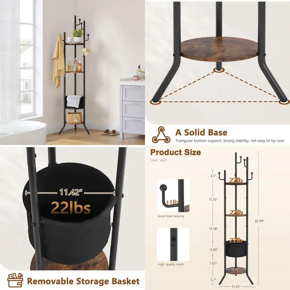 

Wooden 3-Tier Coat Rack with Fabric Basket and 5-Hook Metal Tree, Storage for Hats, Bags, Brown & Black