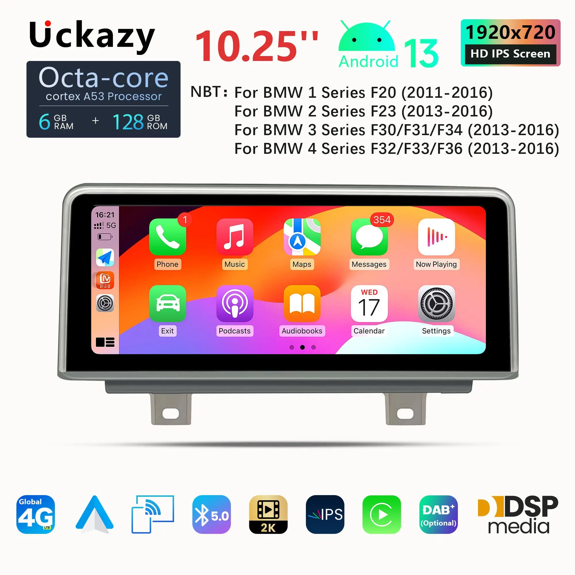 Uckazy 8-Core Wireless Carplay For BMW 3/4 Series F20 F21 F22 F30 F31 F32 F33 F34 F36 Android 13 GPS Car Multimedia Player