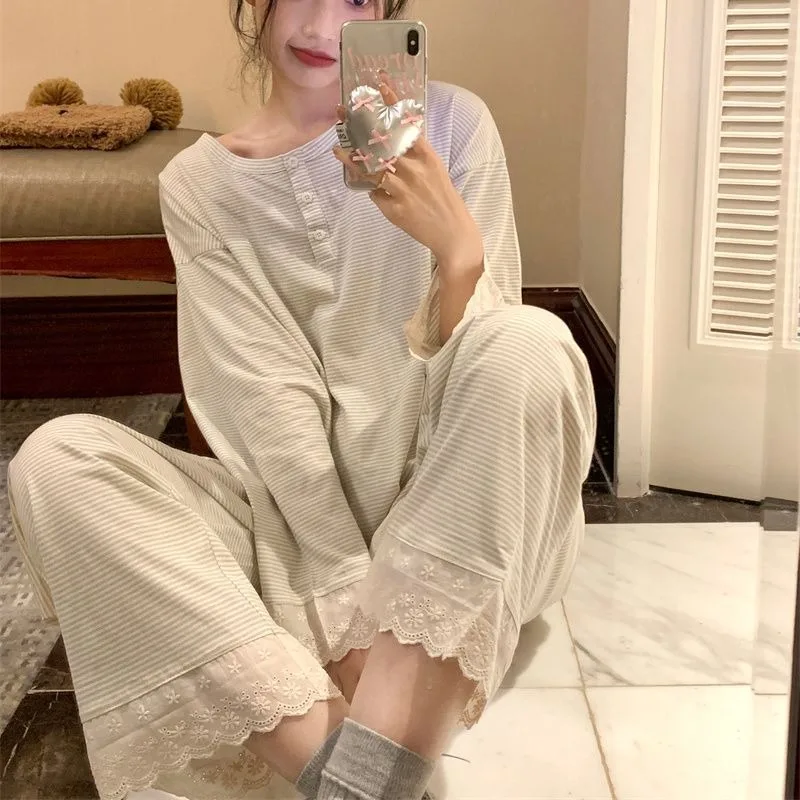 

Striped Sleepwear Women Pajama Sets Long Sleeve Piiama Korean Pants Sets 2 Pieces Casual Night Wears Button Autumn Home Suit New