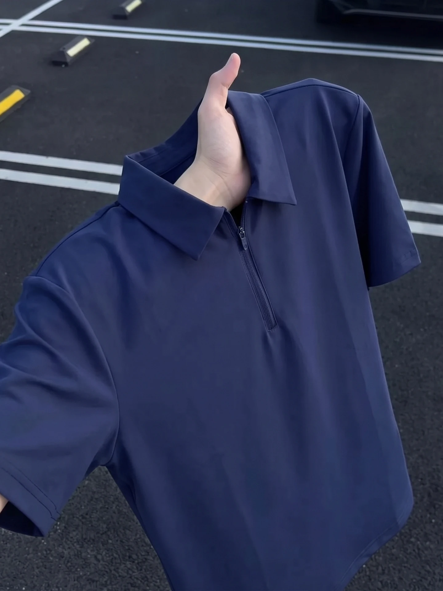 Quick Dry Ice Silk Men's  Shirt Half Zipper Short Sleeve Clean Fit Summer Thin American Casual Turn down Collar T Shirt