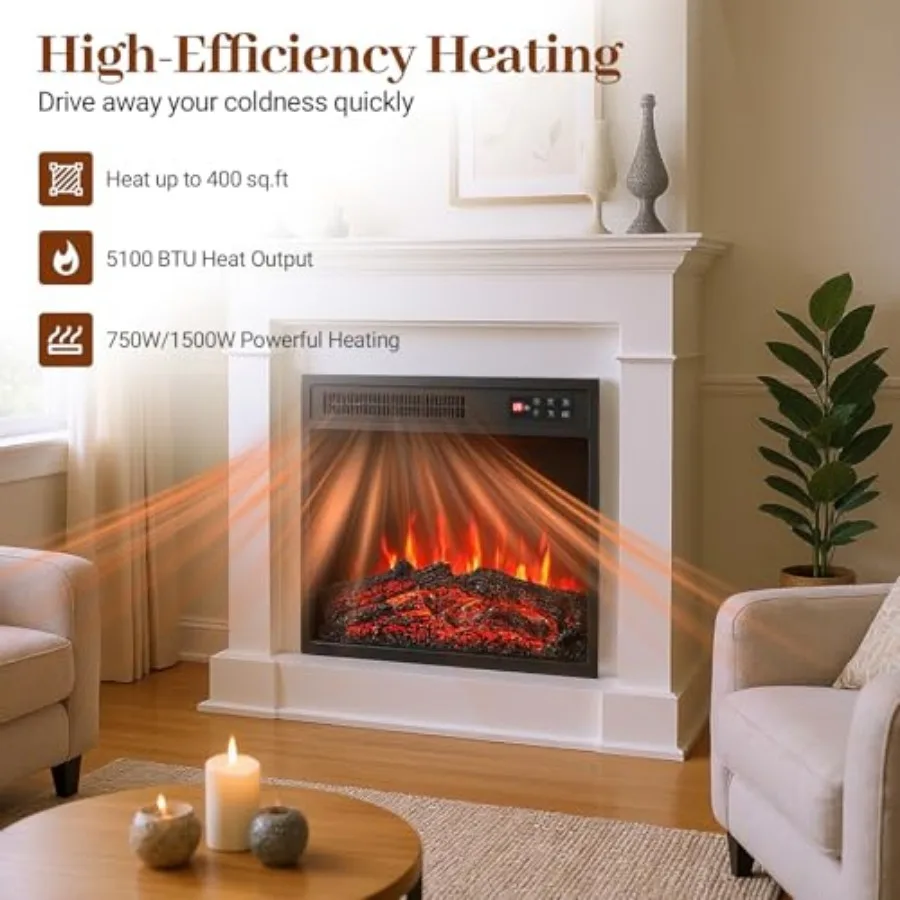18 inserts de cheminée électrique avec conception encastrée pour une utilisation intérieure avec 7 effets de couleur de flamme réalistes, télécommande 8-Hou