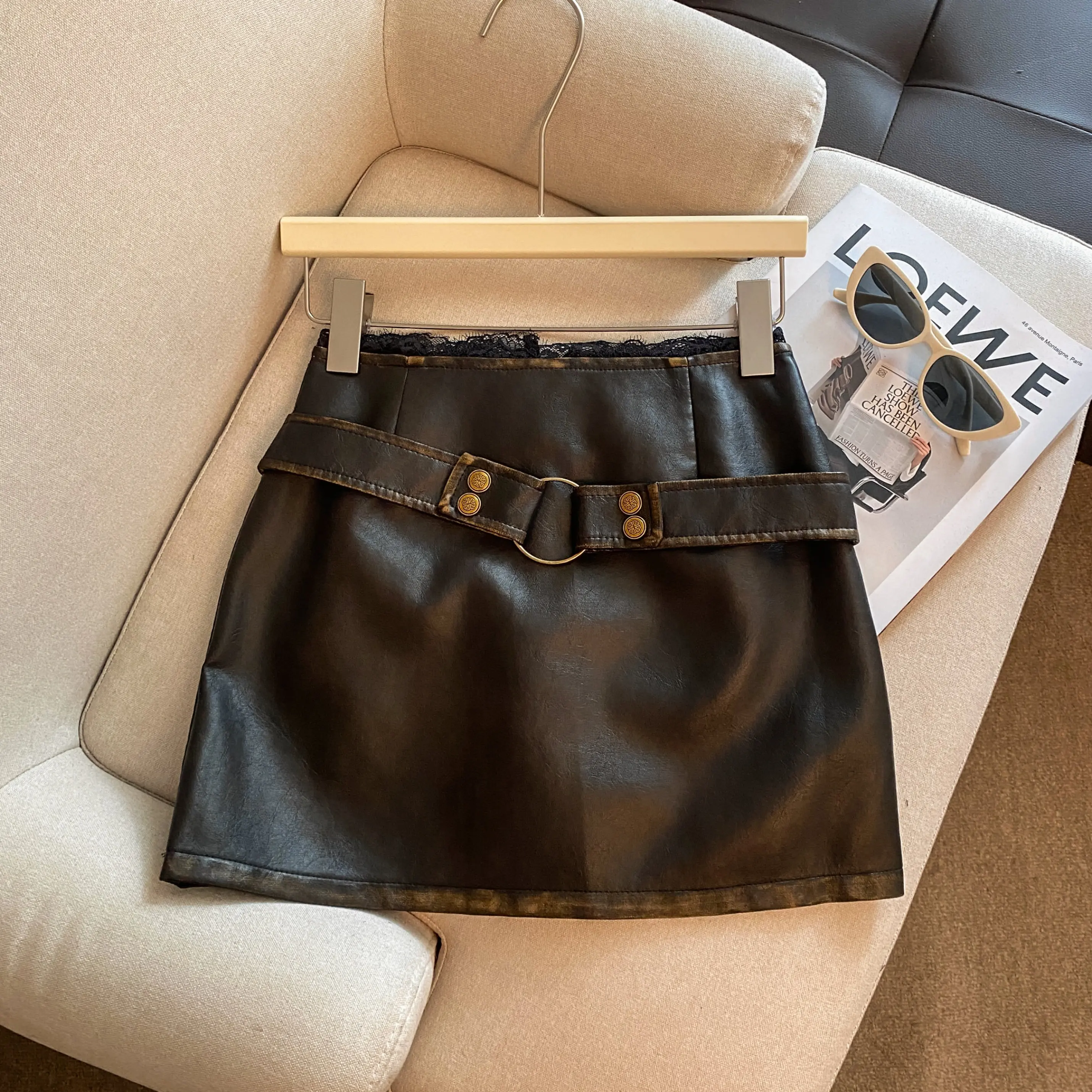 스윗 쿨 빈티지 스타일 하이웨이스트 PU 레더 미니스커트 여성 섹시 레이스 패치워크 브라운 A라인 숏 스커트 Y2k 펑크 스트릿웨어