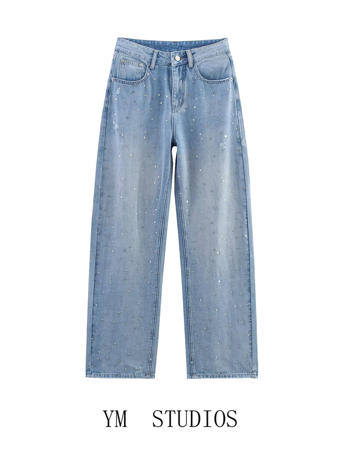 

American Sle Heavy Du Full Body Rhinestone Straight Leg Denim Jeans for Women Tall Size Autumn Season Casual High Waist