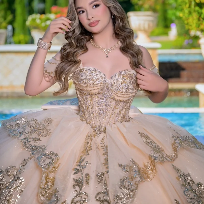 

Champagne Quinceanera Dresses Off the Shoulder Glitter Decal Lace Layering Long tail Bow Vestido De 15 Quinceanera Customize