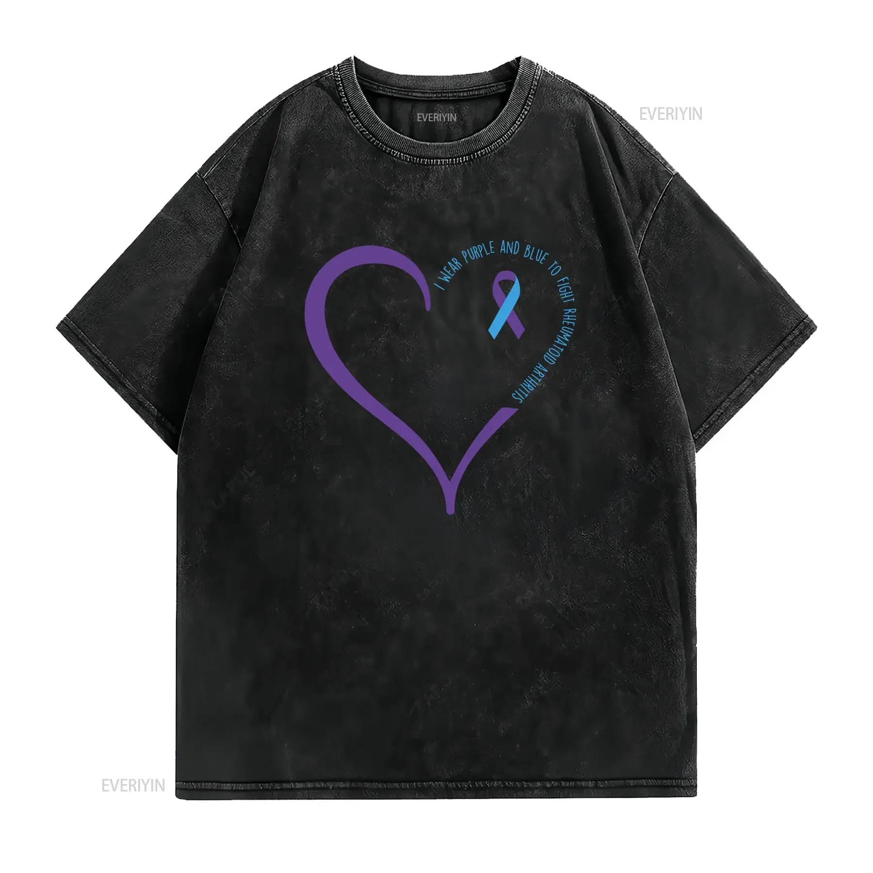 Rheumatoid Arthritis Awareness Purple Blue Ribbon Heart Print Casual T Shirt vintage Washed Slightly Unisex graphic fashion