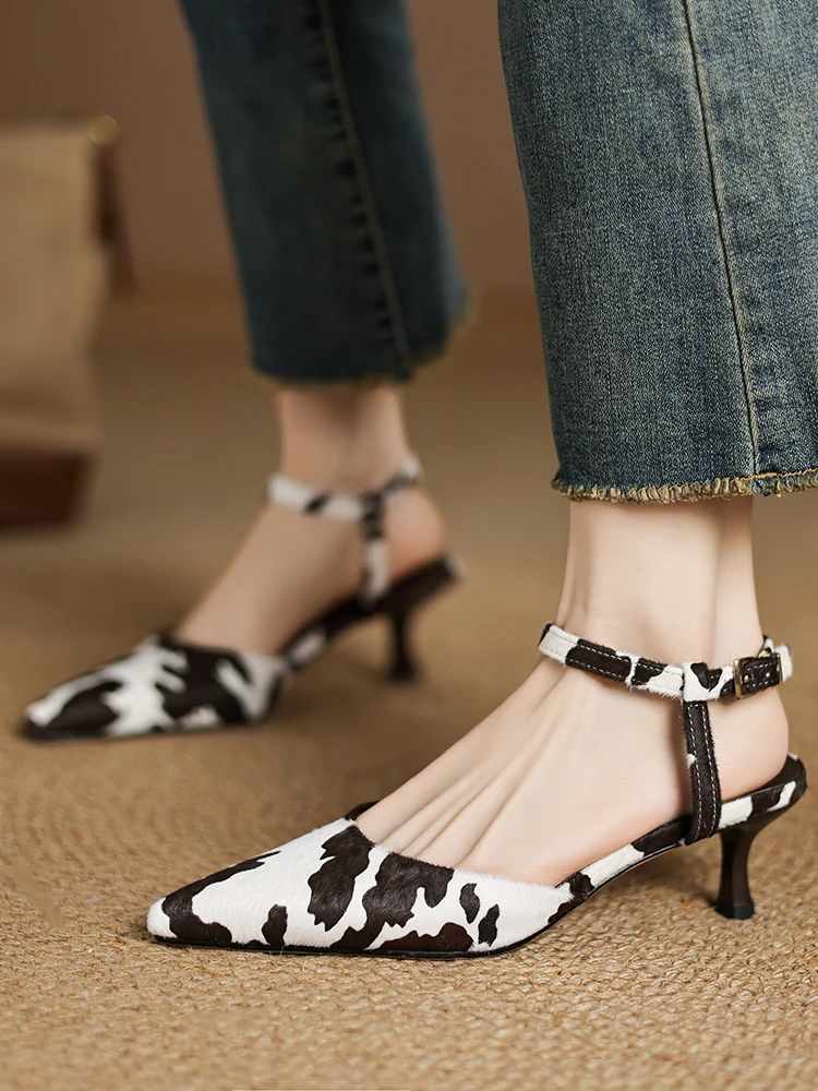 2025 NEW Women Trend Summer Horsehair Sandals Genuine Leather Ladies Closed Pointed Toe Ankle Strap Slingbacks High Heel Sandals image 5