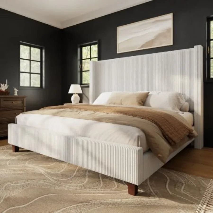 Size Bed Frame with 50.8 Inch Corduroy Wingback Headboard for Bedroom, Velvet Texture, Beige, Elegant Upholstered Design