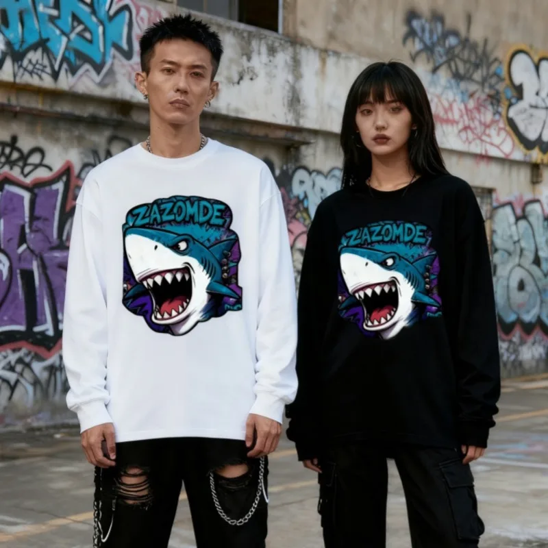 

ZAZOMDE Mens Cotton Long Sleeve T Shirts Oil Paint Shark Pattern Print Casual Comfort Fit Streetwear Fashion Top American Style