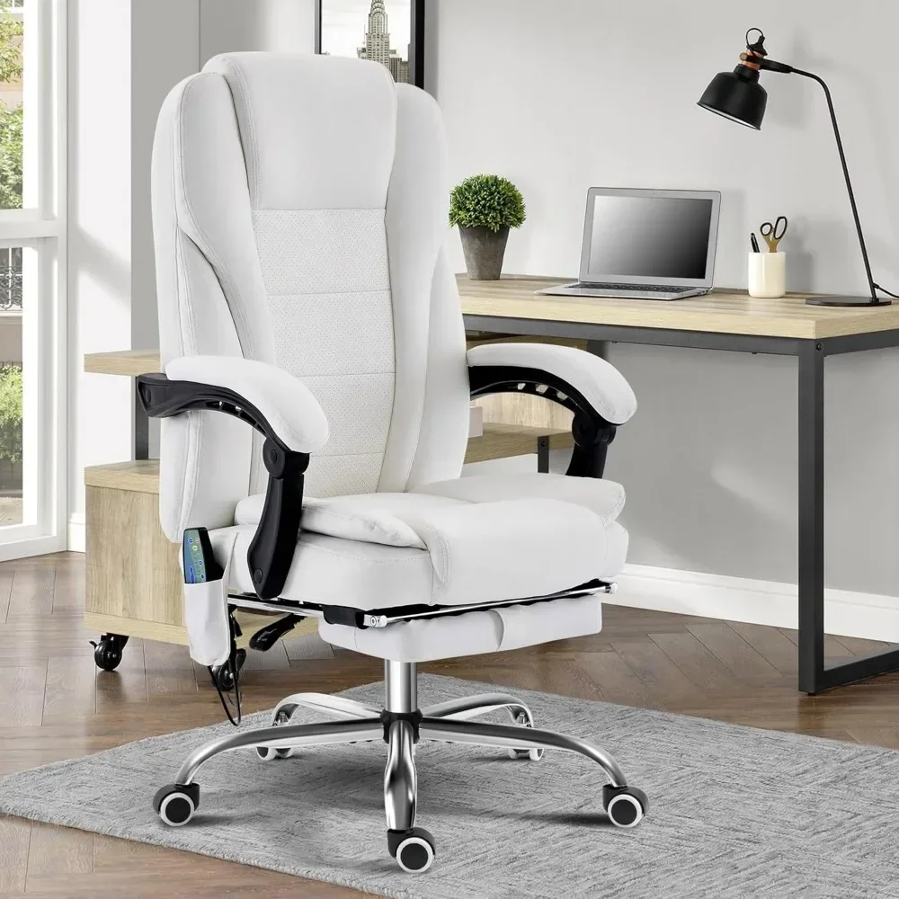 High Back Ergonomic Executive Chair with Heating and Vibration Function(White),Reclining Massage Office Chair with Footrest