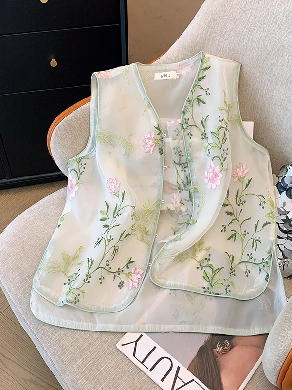 

New Chinese Sle Embroidered Vest Women's Summer Thin Loose Svel Top V-ne Single Button Plant Floral Pattern