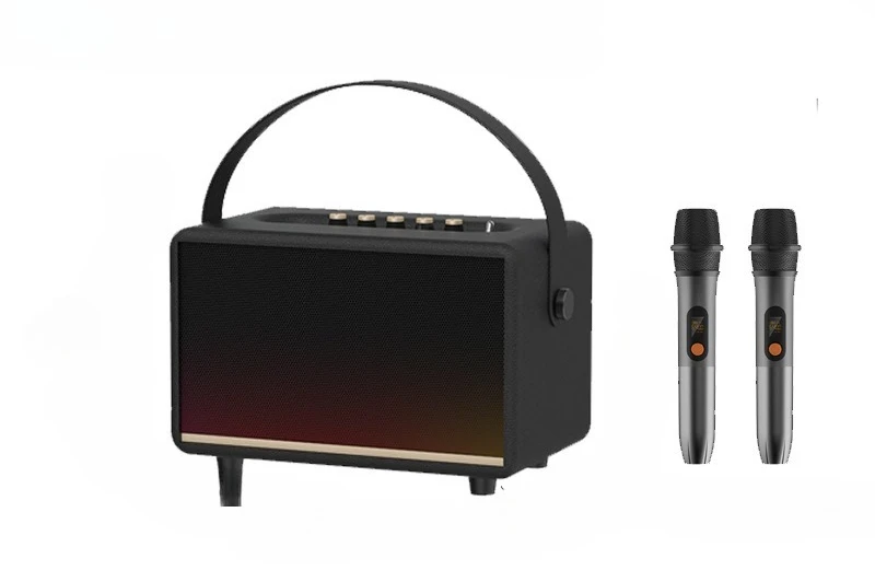 

leather, wood, bluetooth speaker, high sound quality, outdoor, home, live k song, microphone, portable.