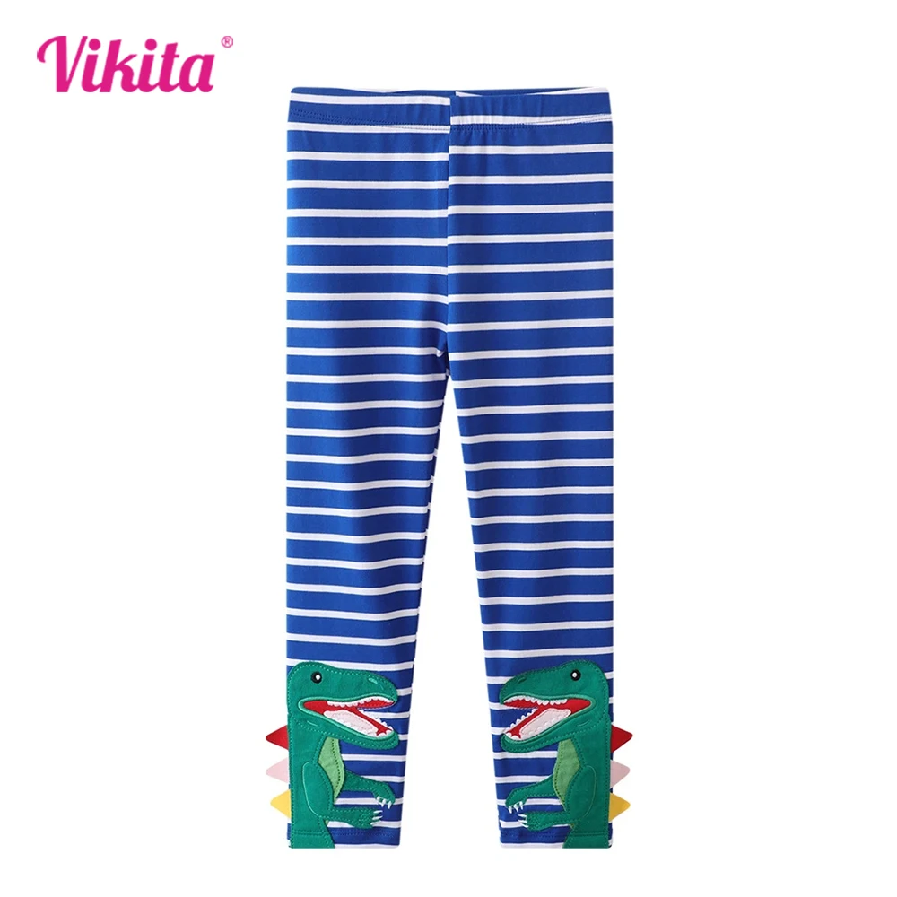 

VIKITA Kids Trousers Cotton Casual Leggings Kids Dinosaur Cartoon Appliqued Striped Pencil Pants Children Clothing 3-7 Yrs