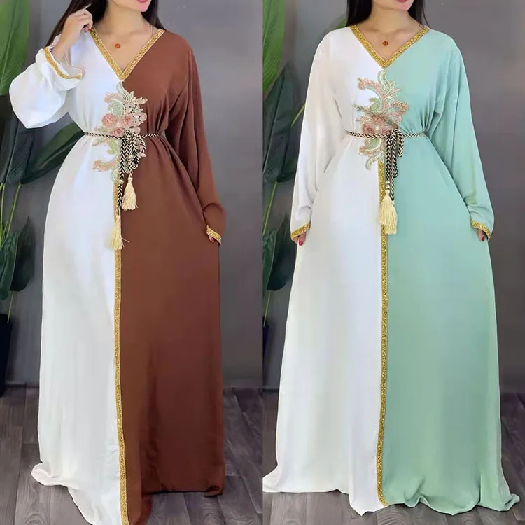 

Popular Middle East Dubai Muslim Women Long Dress Robe 3D Flower Contrast Color Elegant Arabic Party Dress es Two Pieces Suit