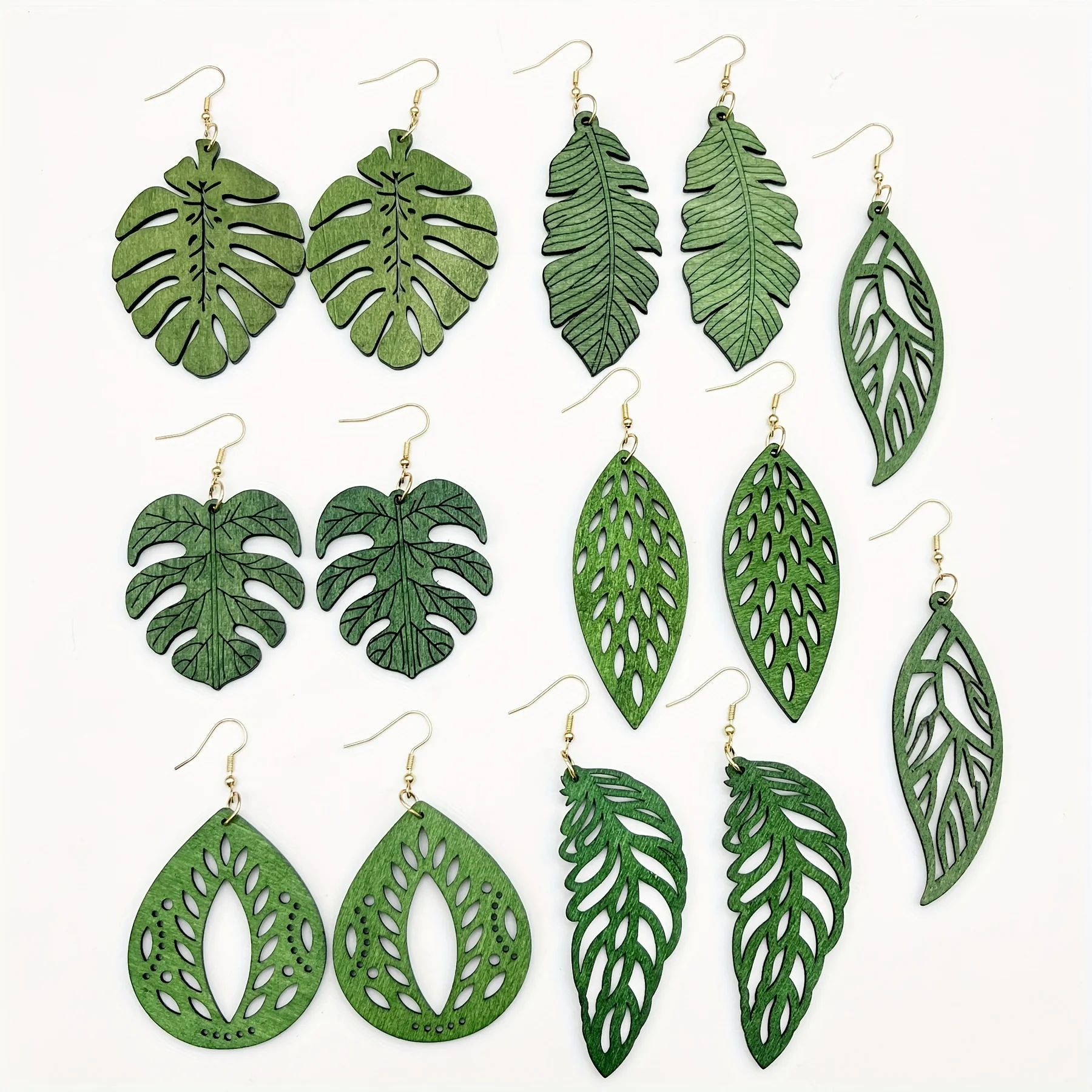 7 pairs of sets of spring and summer natural pastoral style green wooden pendant earrings
