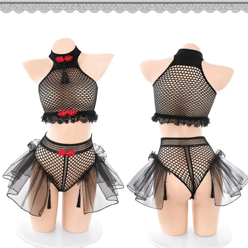 Hot Erotic lingerie Chinese style buckle tassel mesh split outfit fun lingerie  sexy black mesh shirt Sexy costume Woman cosplay