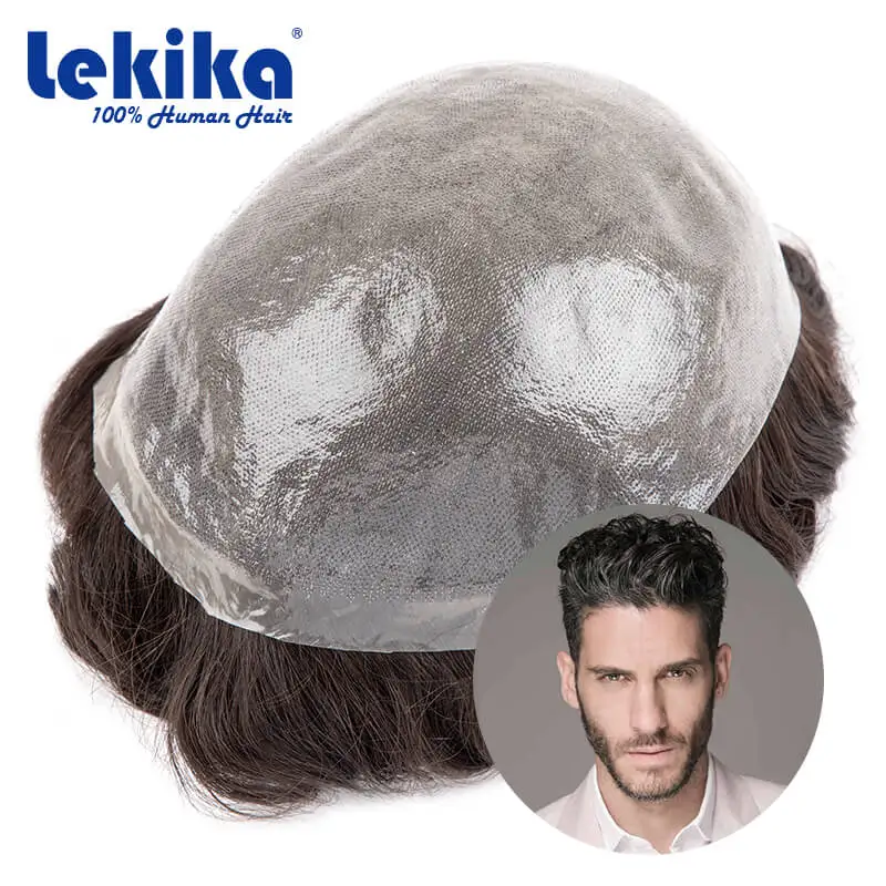 

PU With Double knotted Toupee Men 0.06-0.08mm Natural Hairline Men Wig 100% Human Hair Hair System Unit 6" Male Hair Prosthesis