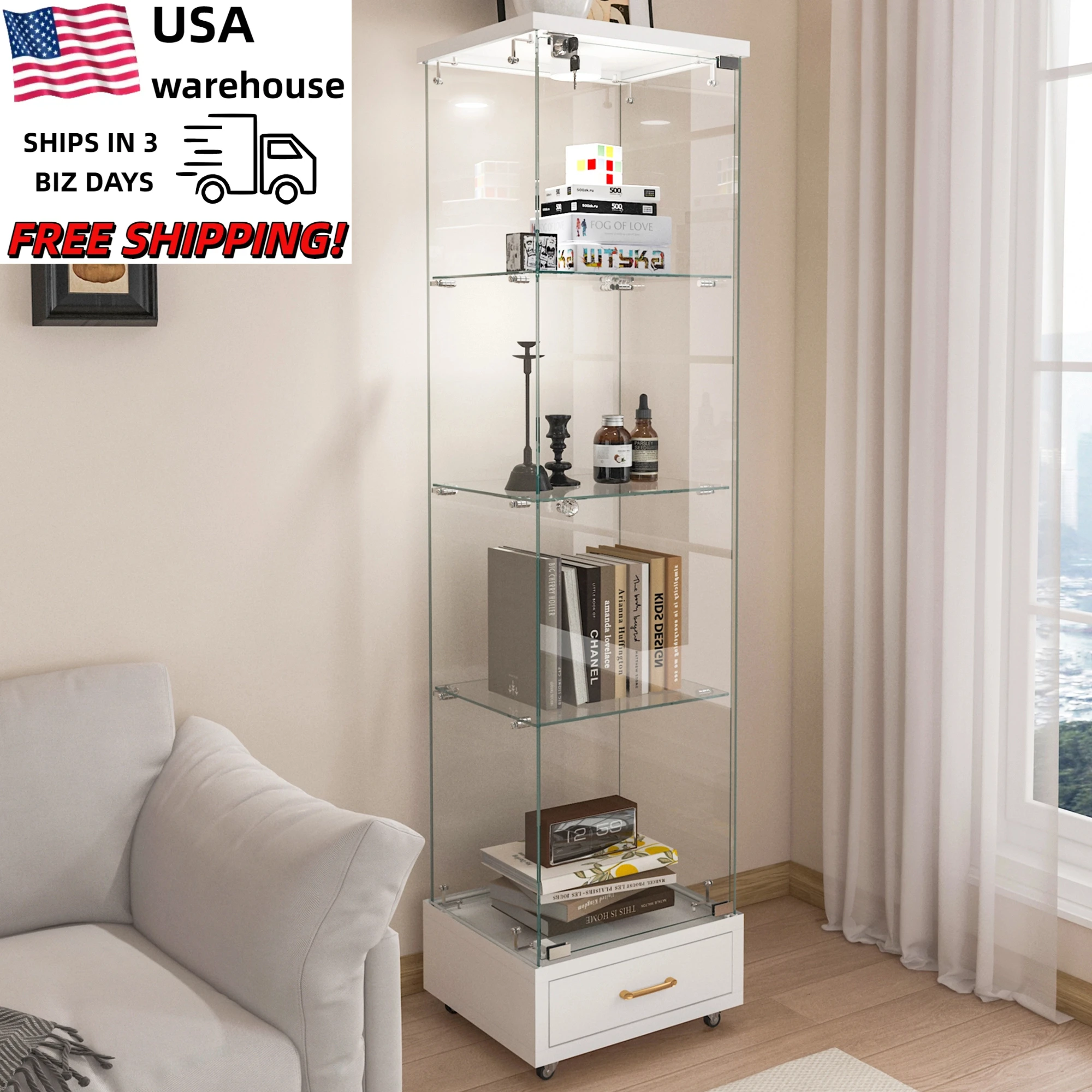 

Modern Tempered Glass Bookshelf Drawer One Door Four Shelves with Wheels Display Cabinet Free Shipping's Items