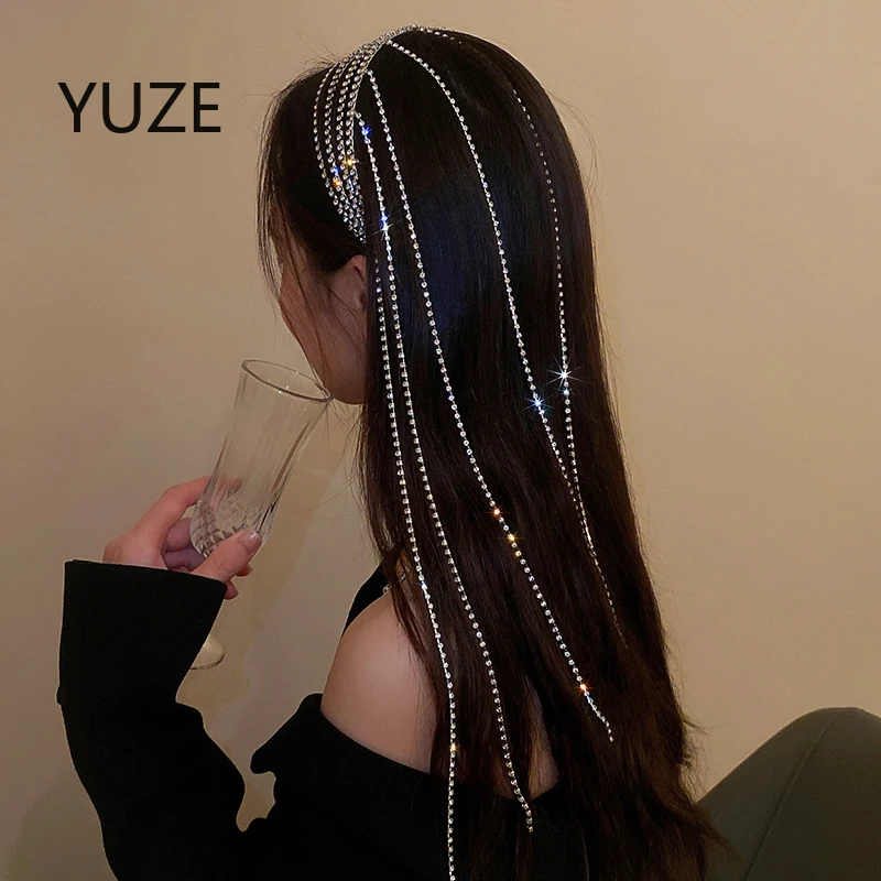 New Full Rhinestone Headband para Cabelo Mulheres Long Tassel Cristal Headband Acessórios de Cabelo Acessórios Do Casamento Jóias Cabelo