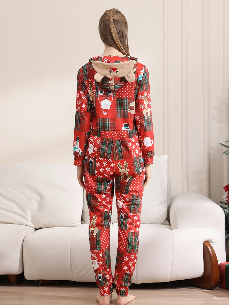 Combinando família pijamas de natal xadrez vermelho rena impressão manga longa zip up comprimento total macacão férias pijamas conjunto