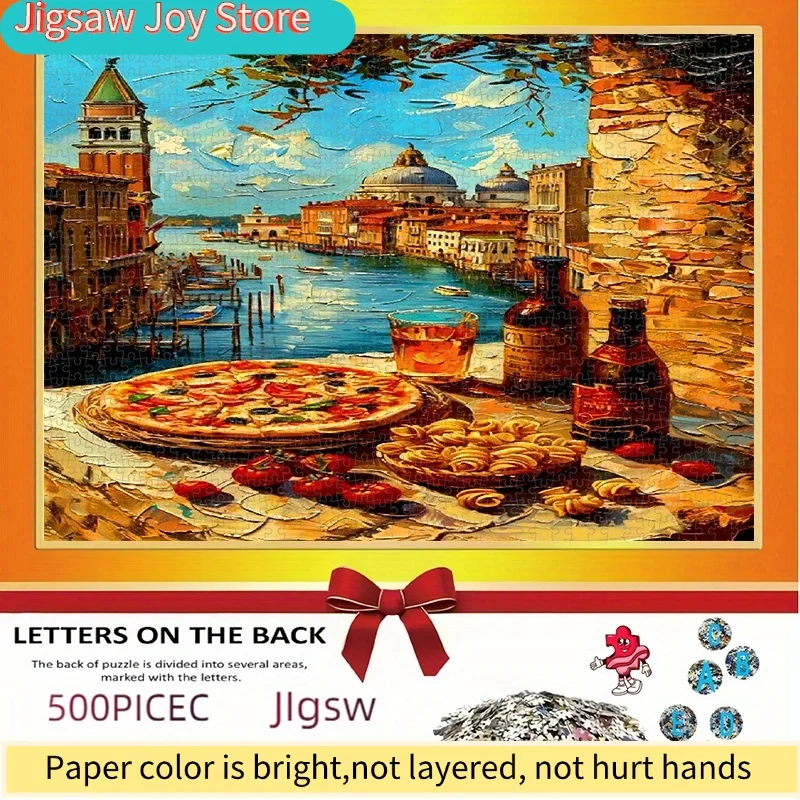 500/1000pcs Puzzle, DIY Paper Puzzle, Venetian Style Italian Cuisine: Pizza, Pasta, Wine, Scenery, Adult Puzzle, Suitable for
