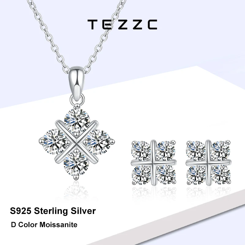 

Tezzc Moissanite Jewelry Sets For Women S925 Sterling Silver with Certificates Diamond Pendant Necklace Earring Wedding Jewelry