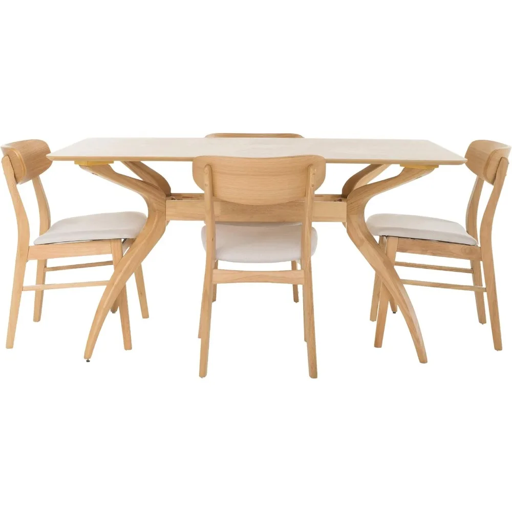 Lucious Curved Leg Rectangular Dining Set, 5-Pcs Set, Natural Oak / Light Beige