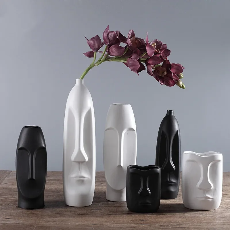 Nordic Minimalist Ceramic Abstract Vase Black and White Human Face Creative Display Room Decorative Figue Head Shape Vase