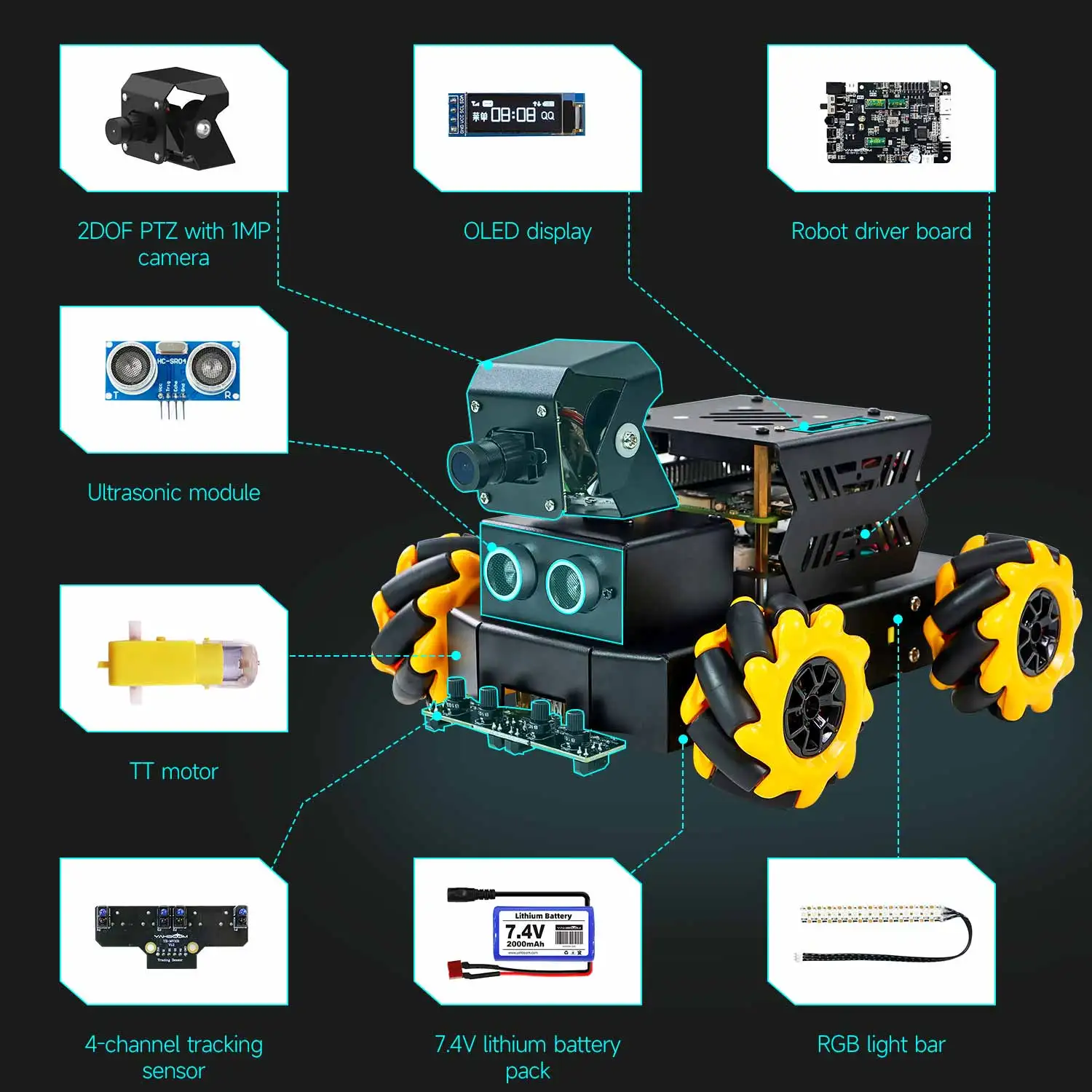 Yahboom 4WD Raspbot V2 AI Robot Car Kit Based on Raspberry Pi 5 for Beginners Educational Toy ROS2-Humble Python Programming Set