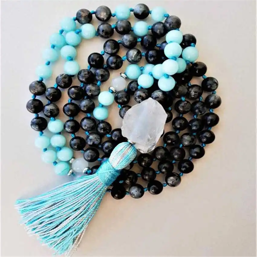 

Natural Lava Rock & Amazonite Mala Beads Necklace 108 Beads with Raw Clear Quartz Pendant & Blue Tassel Healing Crystal Jewelry