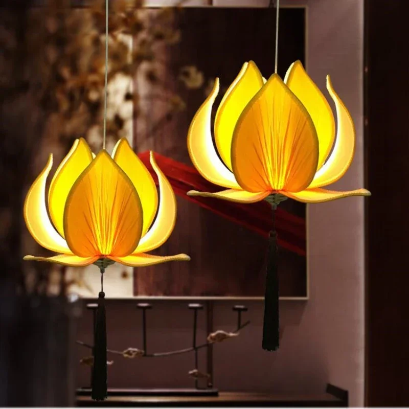 Zen lotus chandelier antique restaurant lamp creative tea house lantern fabric lighting