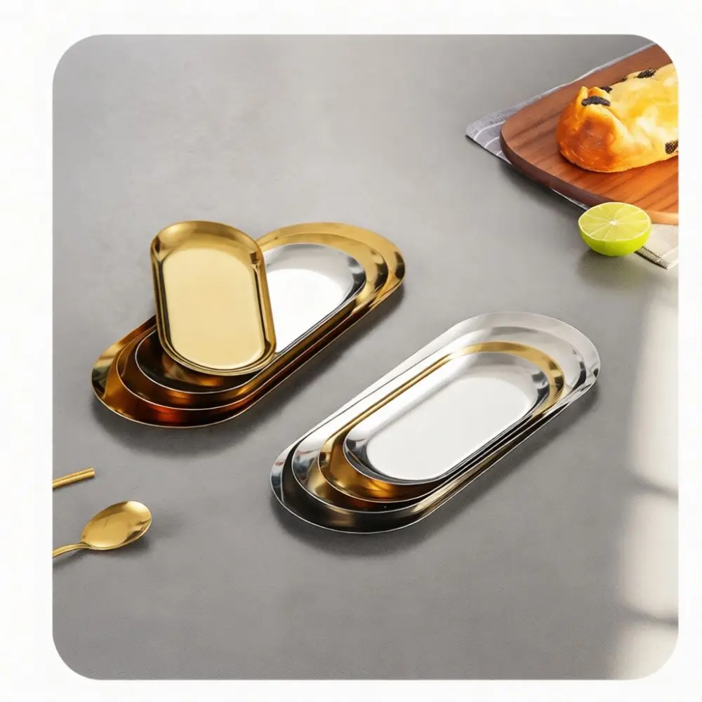 Modern Stainless Steel Oval Platter Gold Metal Food Serving Tray Creative Decorative Dish For Restaurant Home Tabletop