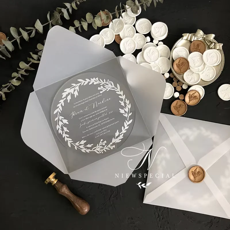 Niewspecial Acrylic Wedding Birthday Round Transparent Invitation with Vellum Envelopes and Wax Seal