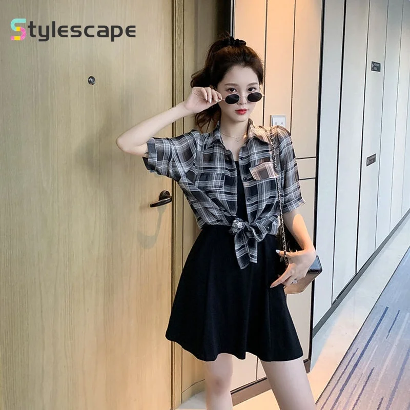 

2024 Summer New Age Reducing Two Piece Set for Women's Checkered Sunscreen Shirt Paired with Black Strap Dress Two Piece Set