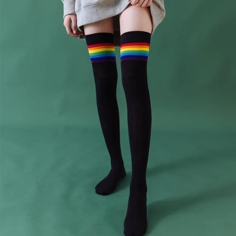 Over Knee Lolita Long Stockings Women Socks Cotton JK High Tube Rainbow Strip Knee High Socks College Calf Lolita Socks Kawaii