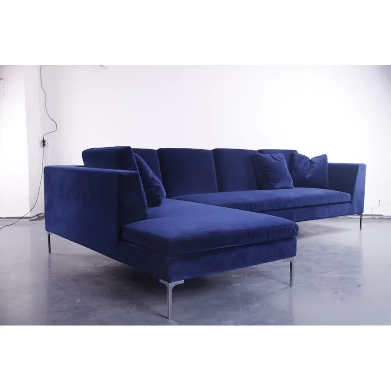 Minimalist Modern Furniture L Shape Sectional Navy Blue Velvet Antonio Citterio Charles Sofa