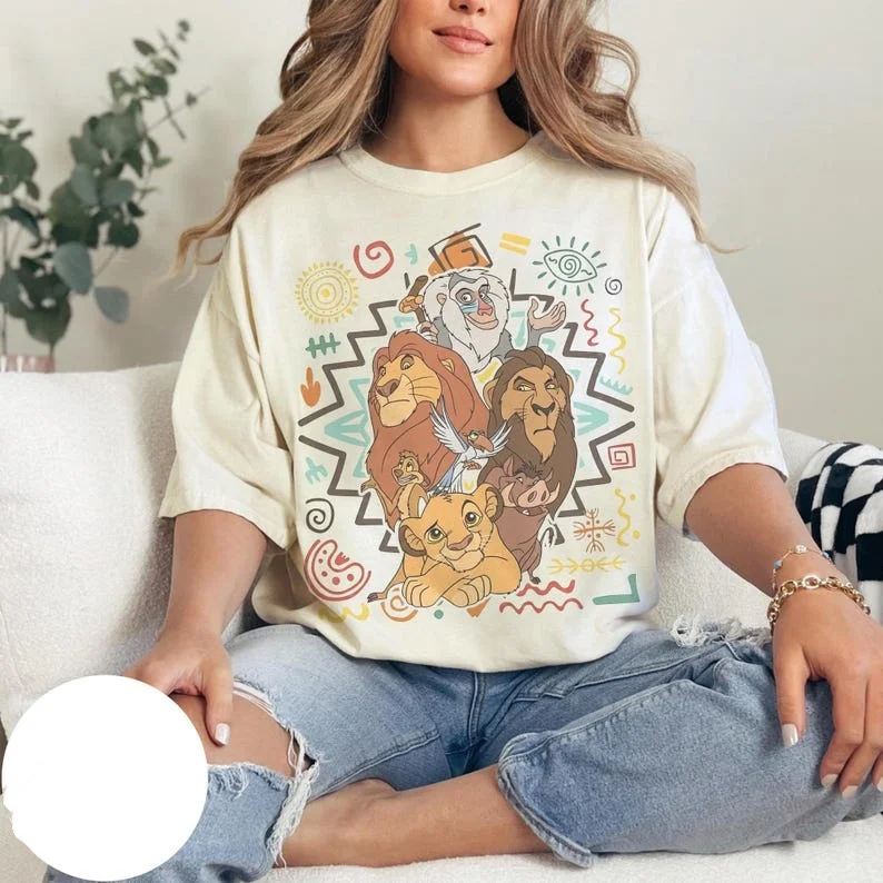 Camiseta de algodón puro estilo tribal retro del Rey León para adultos y niños, personajes clásicos de Simba y Mufasa, tótem africano