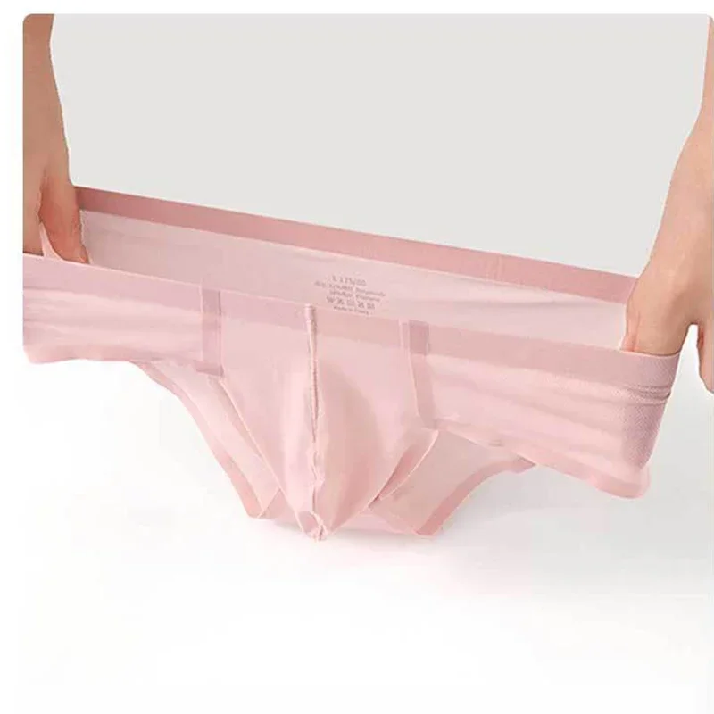 Men's Sexy Japanese Underwear U Convex Pouch Briefs Thin Ice Silk Low Waist Seamless Solid Color Underpants