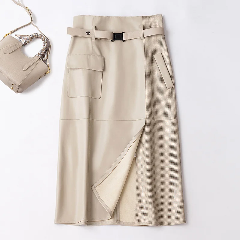 Women's Leather Skirts 2026 Autumn Long PU Leather Pencil Skirt High Waist Bag Hip Skirt Bifurcation Belt Pockets Female Trend